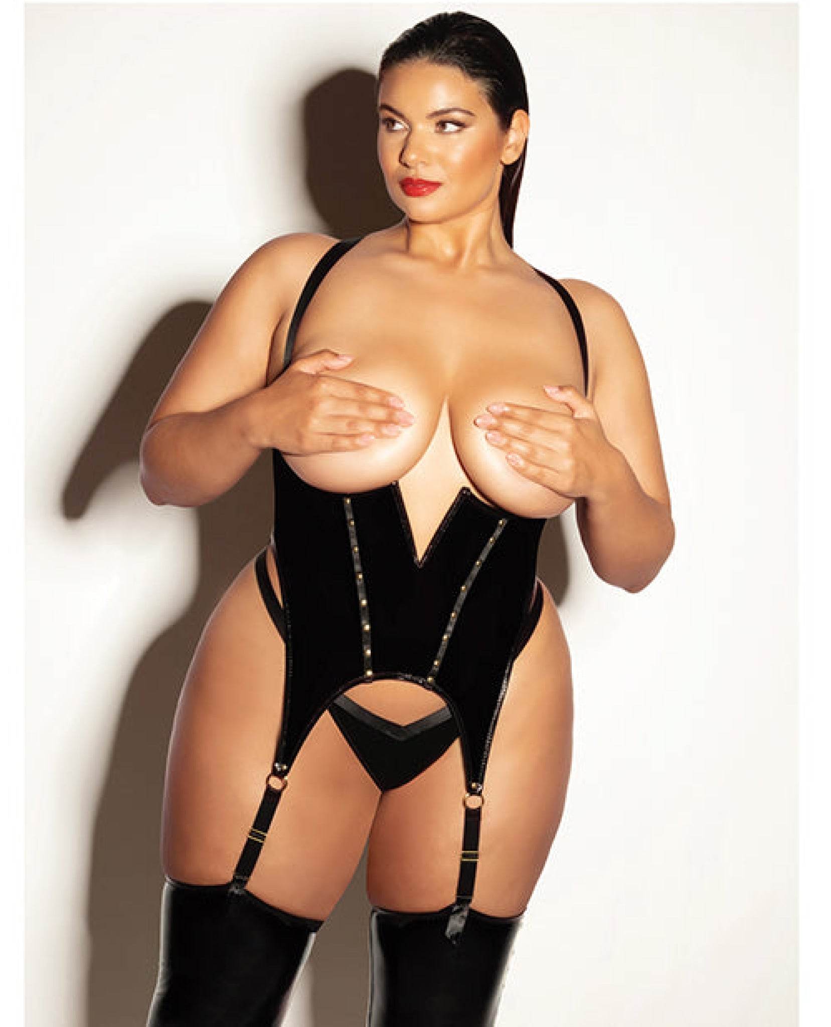 FETISH Open Cup Vinyl V-Wire Merrywidow w/G-String - Black 1X/2X - SEX LOVE DOLLS