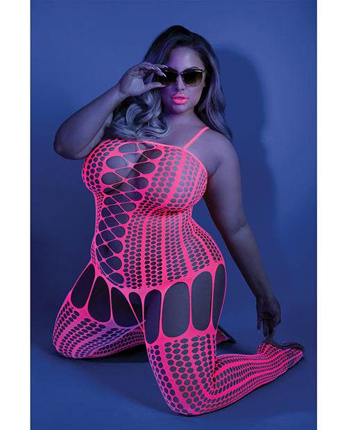 Glow Black Light Criss Cross Paneled Bodystocking Neon Pink QN - SEX LOVE DOLLS