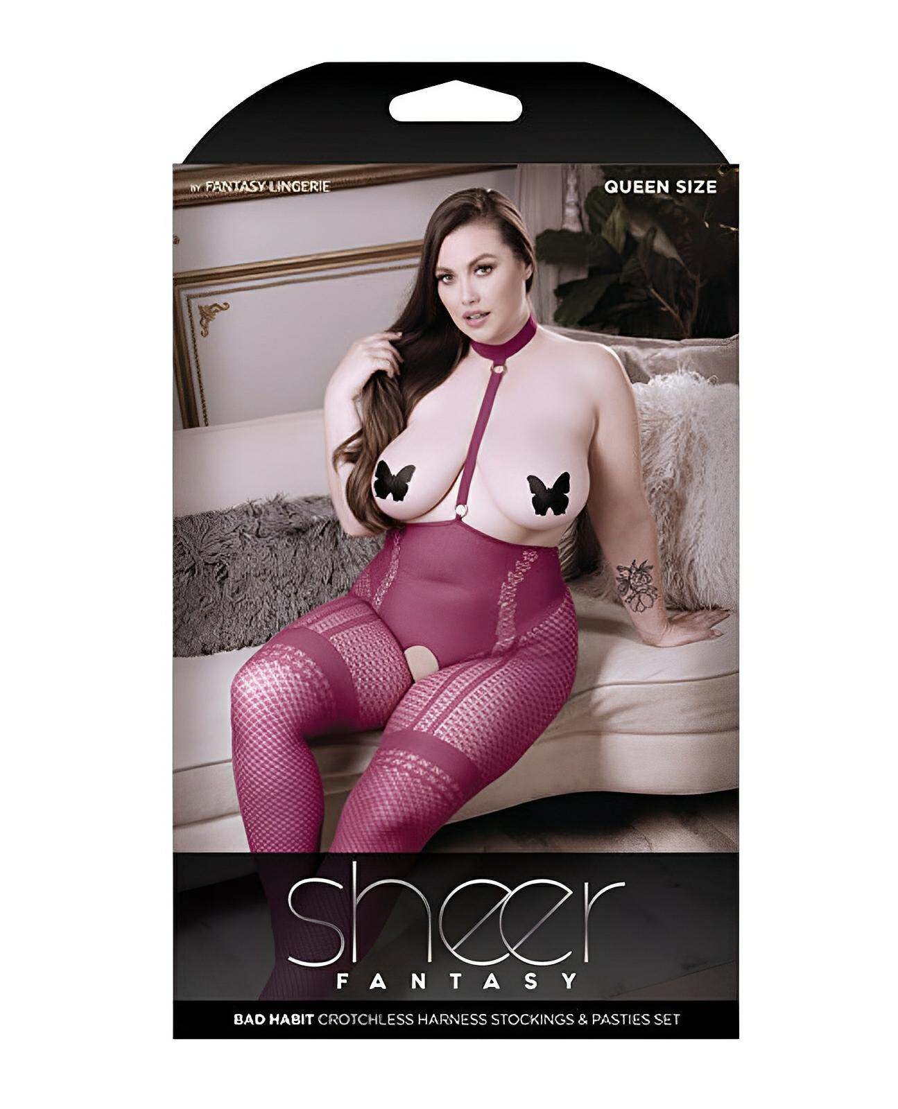 Sheer Fantasy Bad Habit Choker Harness Stocking W-butterfly Pasties Magenta Qn - SEX LOVE DOLLS